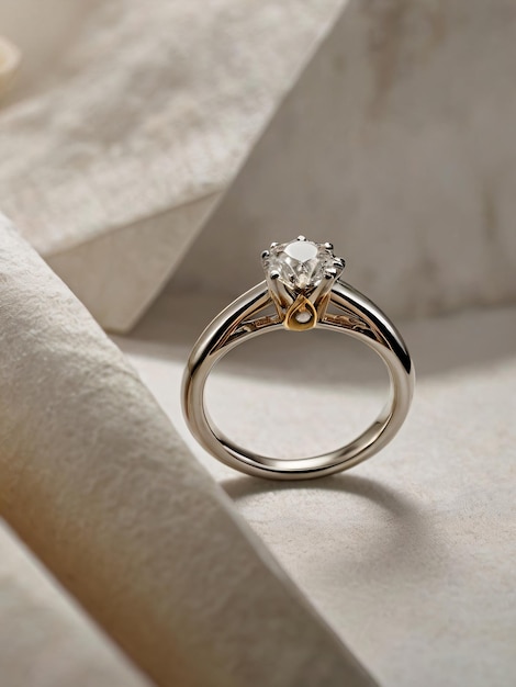 a diamond ring with a diamond on it sits on a white cloth