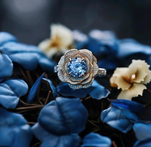 A diamond ring with a diamond and sapphire ring with flower shape