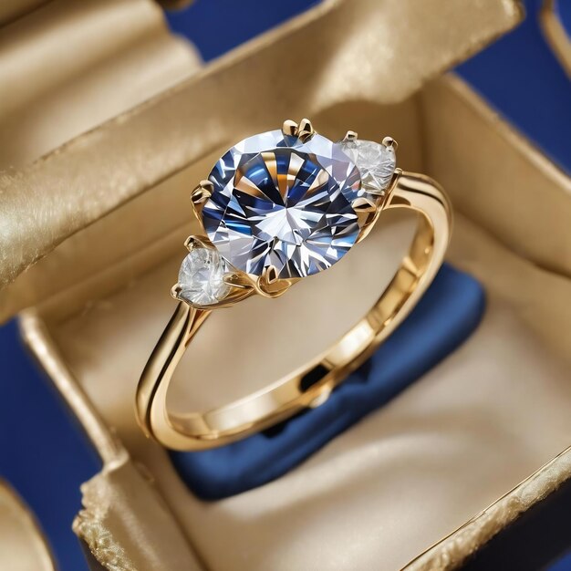 Diamond ring yellow gold isolated on blue engagement solitaire style ring