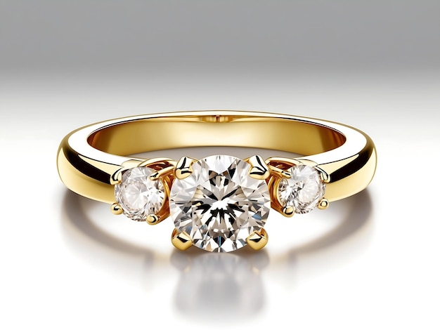 Diamond Ring Yellow Gold Isolated on White Engagement Solitaire Style Ring