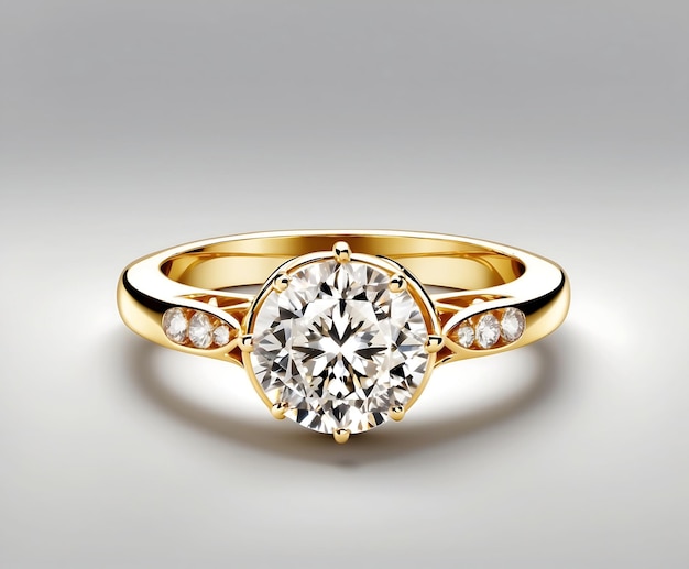 Diamond Ring Yellow Gold Isolated on White Engagement Solitaire Style Ring