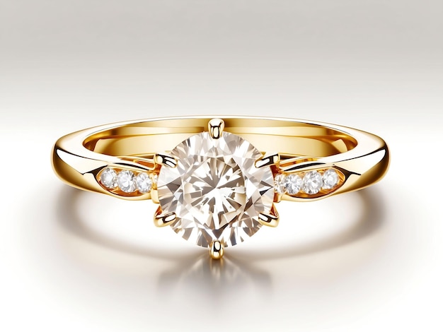 Diamond Ring Yellow Gold Isolated on White Engagement Solitaire Style Ring