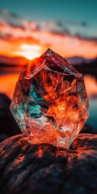 A diamond sits on a rock with the sun setting behind it.