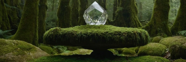 a diamond sits on a tree stump in the forest