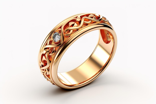 A DiamondEncrusted Rose Gold Band With Intricate Celtic Knotwork Design on a Clear PNG or White Background