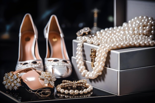 Diamonds pearl necklaces and luxurious accessories accompanied by designer handbags and shoes