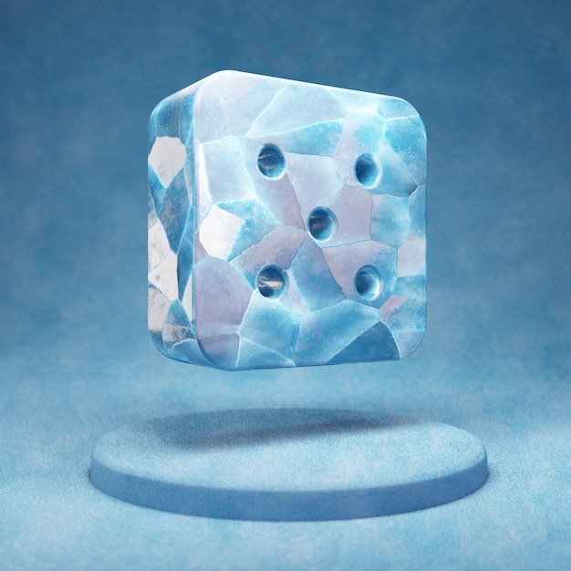 Dice Five icon. Cracked blue Ice Dice Five symbol on blue snow podium. Social Media Icon for website, presentation, design template element. 3D render.