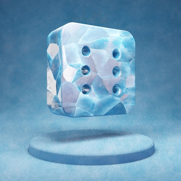 Dice Six icon. Cracked blue Ice Dice Six symbol on blue snow podium. Social Media Icon for website, presentation, design template element. 3D render.