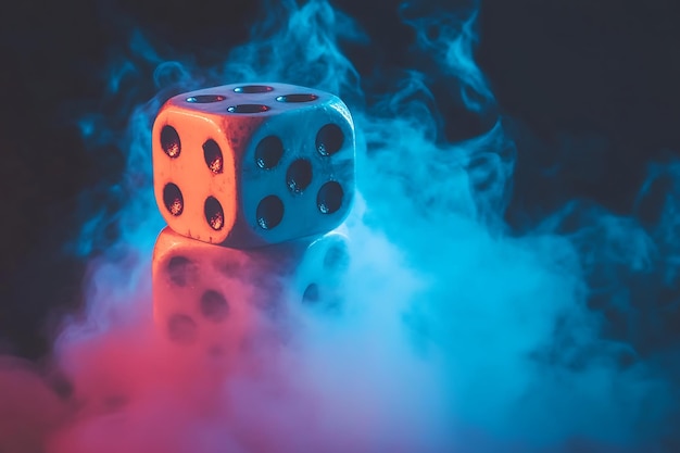 Photo dice in smoke with blue and red lighting