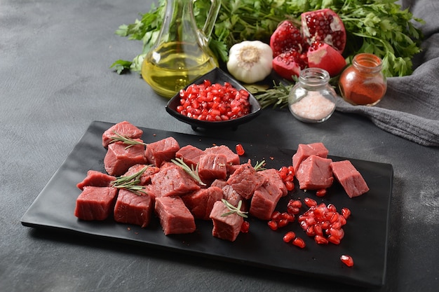 Diced raw beef slices with herbs and spices