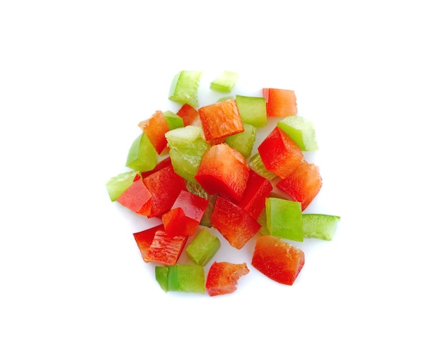 Diced red and green pepper isolated on white background,Top view