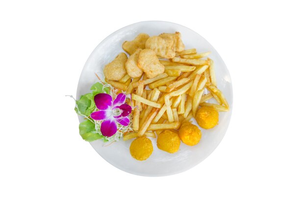 Die cut of cheese ball chicken nuggets and french fried and decoration with vegetable on white isolated.