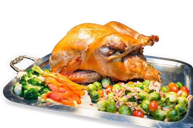 Die cut of Roast chicken black pepper with tomato Broccoli on white isolated