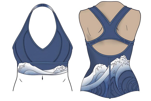 Photo die cut sports bra with wave inspired motifs on the front wi illustration flat clothes collection