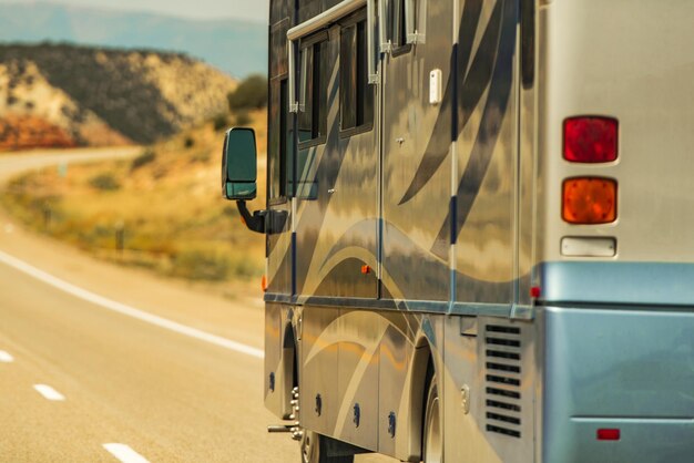 Photo diesel pusher rv motor coach on a highway