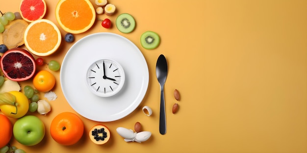 Diet concept Composition of healthy food around a plate with alarm clock AI generated