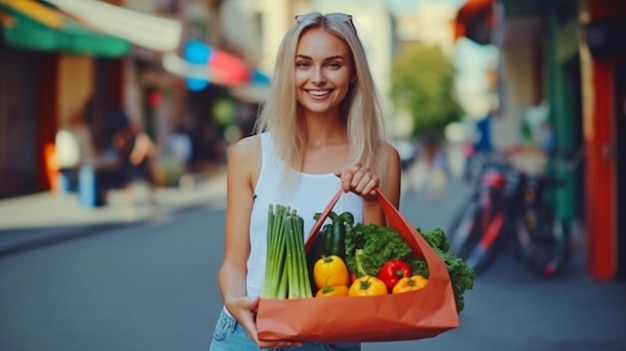 Diet Concept Happy Young Woman with Veggies in Shopping Bag Generative AI