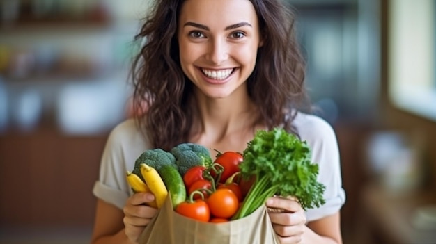 Diet Concept Happy Young Woman with Veggies in Shopping Bag Generative AI