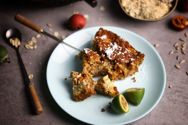 Diet dessert. A slice of oat pie.