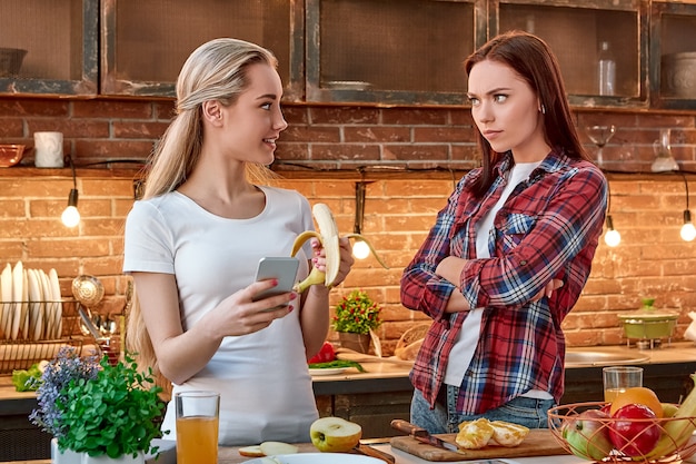 Do or diet eat right future bright young female friends preparing together healthy meal in