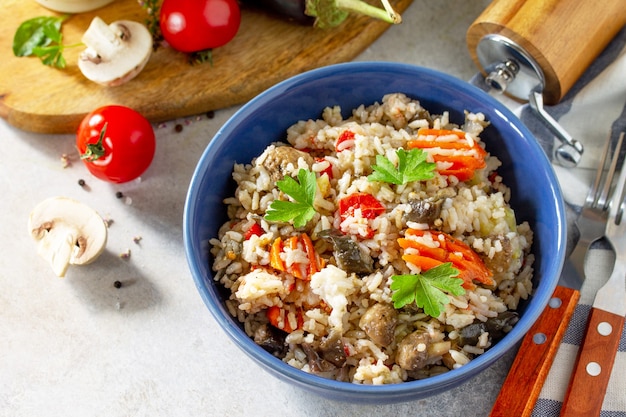 Diet menu Healthy food Vegetarian vegetable mushrooms pilaf Rice with eggplant and mushrooms