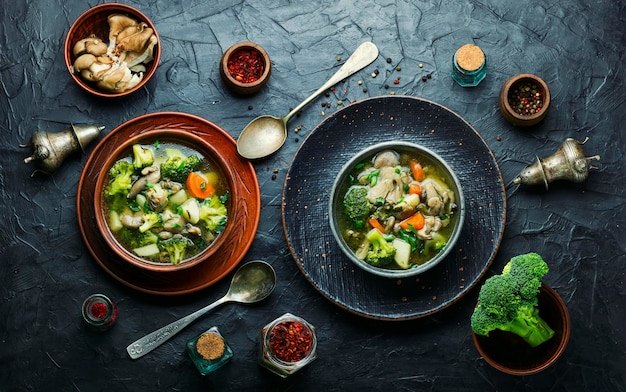 Diet vegetarian soup with mushrooms and broccoli