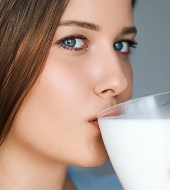 Diet and wellness young woman drinking milk or protein shake cocktail