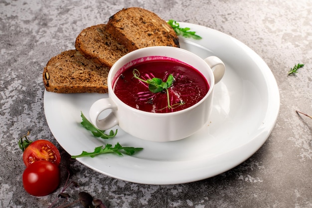 Dietary healthy red beet cream soup Detox menu Vegan cuisine