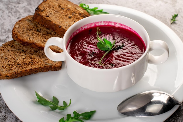 Dietary healthy red beet cream soup Detox menu Vegan cuisine