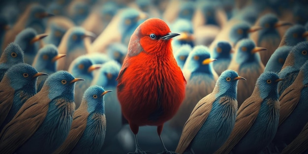 Difference concept showing by extraordinary bird standing out of the crowd