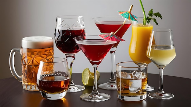 Different alcohol drinks set beer wine cocktailjuice champagne scotch soda