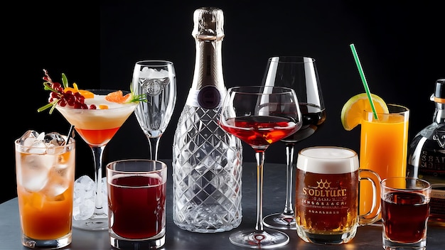 Photo different alcohol drinks set beer wine cocktailjuice champagne scotch soda