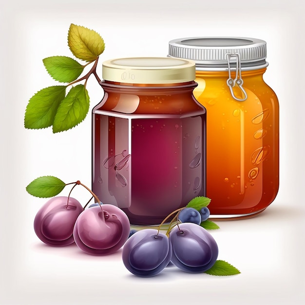 Different appetizing tasty plums and a jar of plum marmalade jam nearby isolated on a white