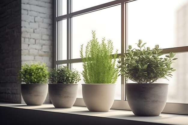 Different aromatic potted herbs on windowsill indoors Closeup