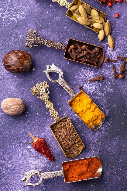 Different Asian or Indian spices on purple background