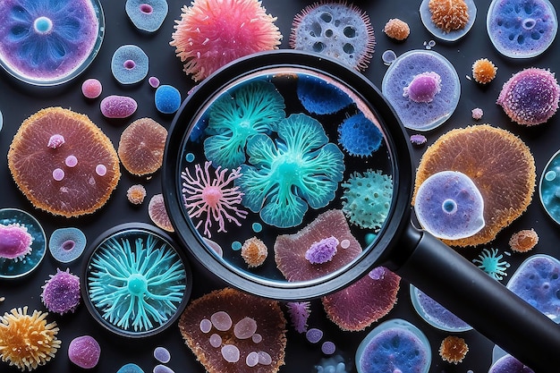 Different bacteria pathogenic microorganisms under a magnifying glass