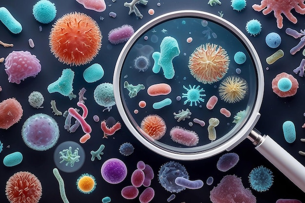 Different bacteria pathogenic microorganisms under a magnifying glass