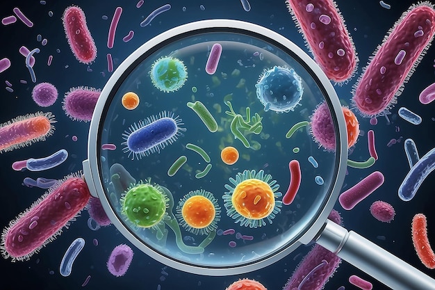 Photo different bacteria pathogenic microorganisms under a magnifying glass