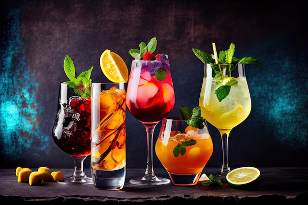 Different beautiful cocktails on a dark background bar counter 3d illustration Generative AI