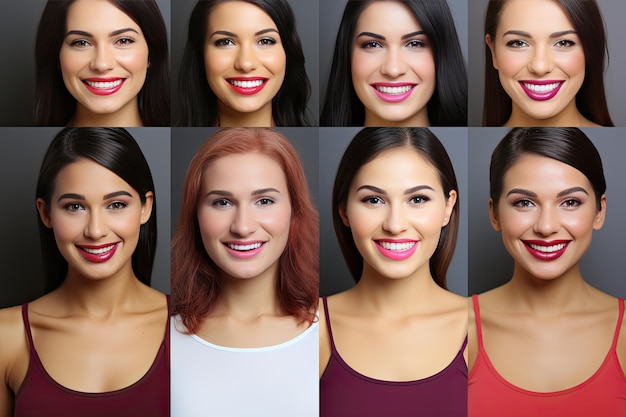 Different beautiful women with even teeth and long hair look at the camera and smile Generative AI