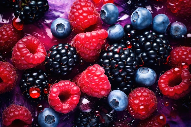 Different berry fruits background Tasty summer mix Generative AI