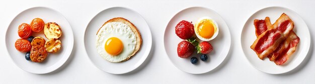 different breakfast dishes with eggs bacon and fruits on a white background