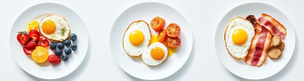 different breakfast dishes with eggs bacon and fruits on a white background