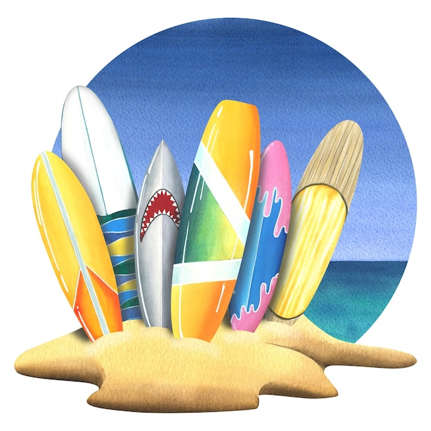 Different bright colorful surfboards stuck in the sand on a tropical island Watercolor illustration on the background of the sea and sky A composition from the SURFING collection For decoration