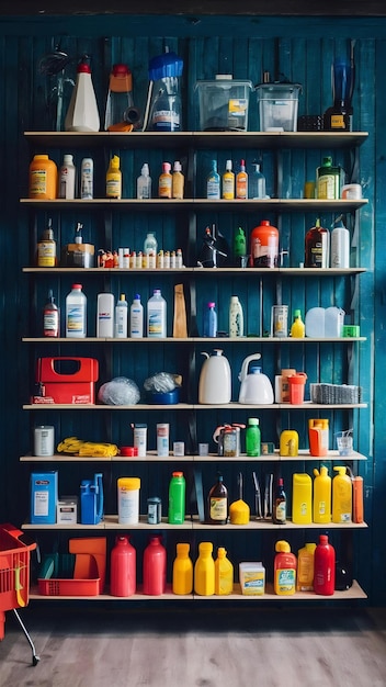 Photo different cleaning supplies and tools on shelves