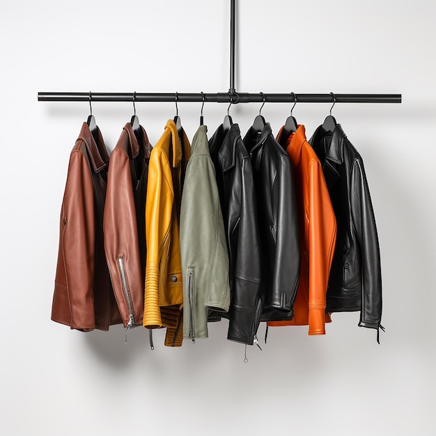 Different color leather jacket hanging on rack on white background