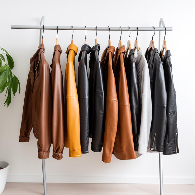 Different color leather jacket hanging on rack on white background