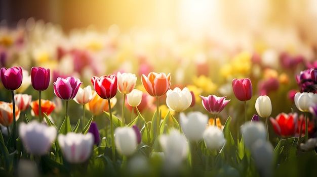 Different color tulips field in spring