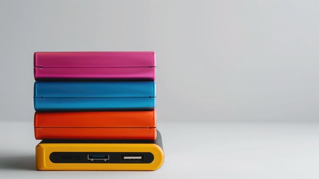 Photo different colored battery packs stacked perfect for visual presentations with copyspace battery packs