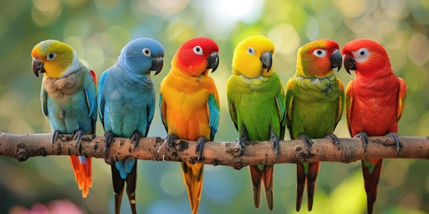 Photo different colored parrots on a branch ai generation